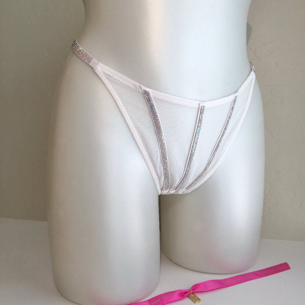 VS Shine Strap Triple Stripe White Mesh Rhinestone Bling Thong L NWT